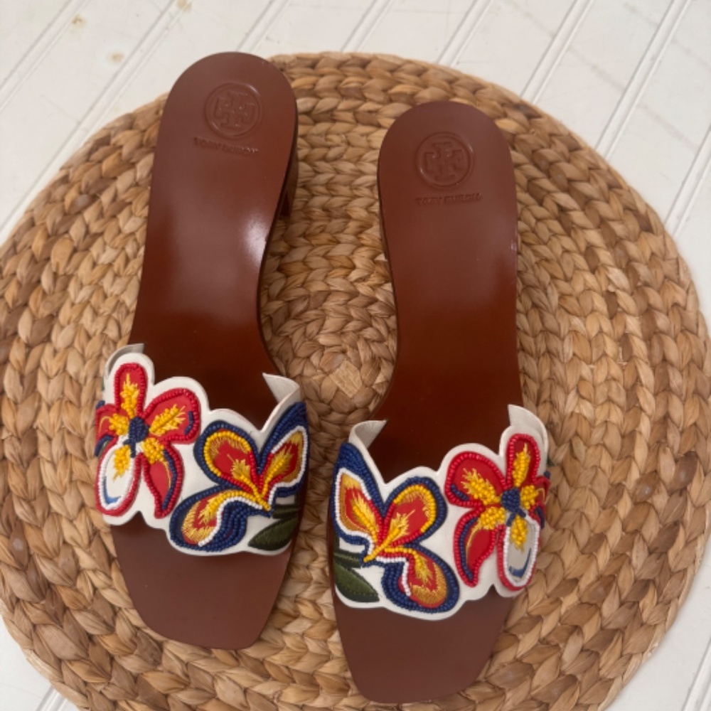 NWT Tory Burch Multicolor Beads Embroidered Leather Bianca Slides Sandals 10 - Picture 2 of 5